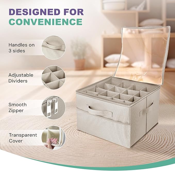Under Bed Shoe Storage Organizer 16 Compartment, Foldable Shoe Organizer Under Bed with Clear PVC Lid, Shoe Storage Box with Zipper & Handle for Closet Bedroom, Off White, Pack of 2