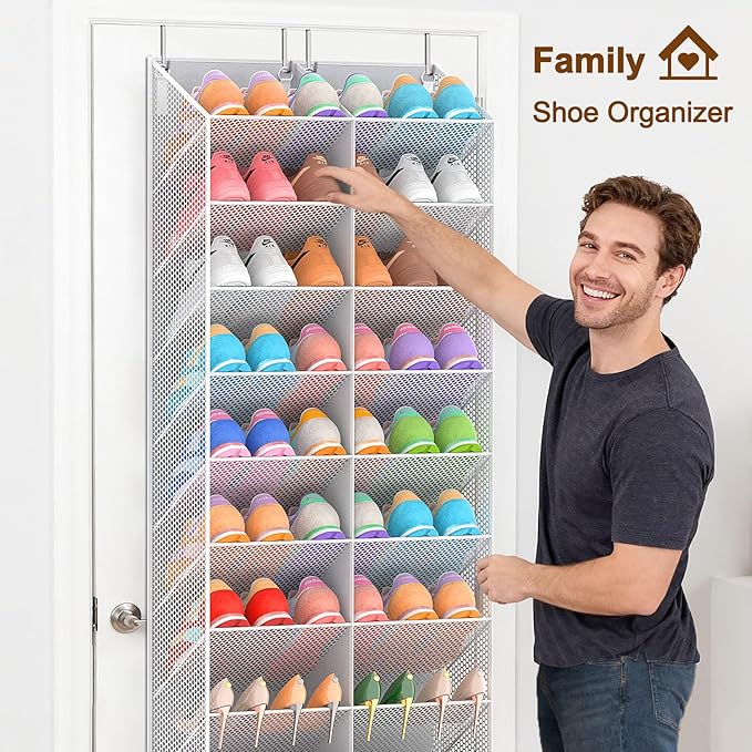 20-30 Pairs Over the Door Shoe Organizer, Breathable Mesh Pocket Hanging Shoe Storage for Closet, 10-Tier Door Shoes Rack, Handing Shoes Holder Fit All the Family's Sneakers, Boots, Heels, Light Grey