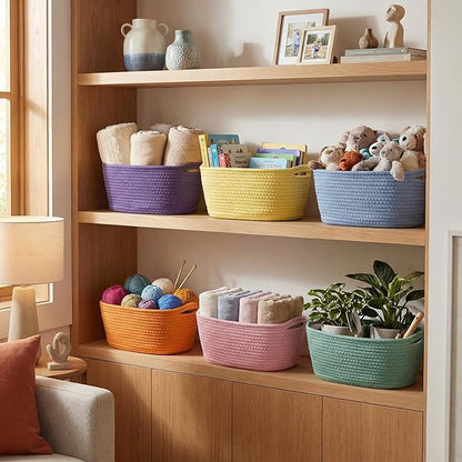 Sawysine 6 Pcs Storage Baskets Bulk for Organizing Cotton Rope Woven Basket with Handles for Gift Cloth Shelves Blanket Toys Living Room(Morandi)