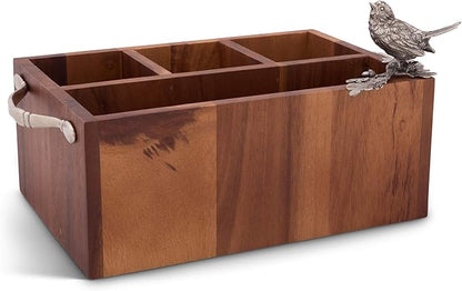 Vagabond House Caddy Rectangle Acacia Wood Flatware/Serve ware/Utensil/Carry-All Holder Solid Pewter Song Bird Accent and Real Leather Handles, 3 Small and 1 Larger Compartment 13.5 inch Long