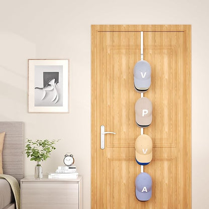 SWTYMIKI Over Door Hat Rack -1 Packs Metal Hanging Hat Organizer with 4 Hooks Design, Baseball Cap Hanger Organizer Storage Holds up to 20 Caps for Door, Bedroom, Closet