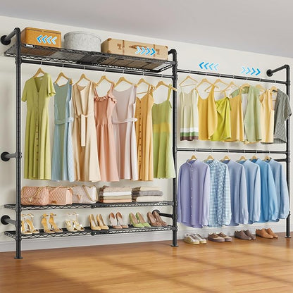Timate F2 Pro Expandable Wall Mounted Clothes Rack Industrial Pipe Clothing Rack for Hanging Clothes, Heavy Duty Clothes Rack with Shelves, Garment Rack Wall Closet System, Black Pipe Closet Kit