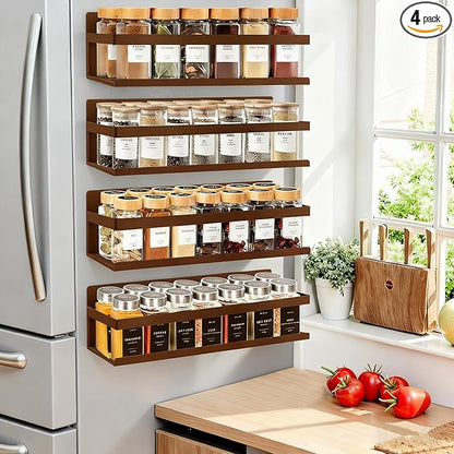 SMRCAD Magnetic Spice Rack for Refrigerator, 4pack Magnetic Shelf for Fridge Space Saving Seasoning Organizer for Any Metal Surface No Drilling Needed (Bronze -cut out, 4pack)