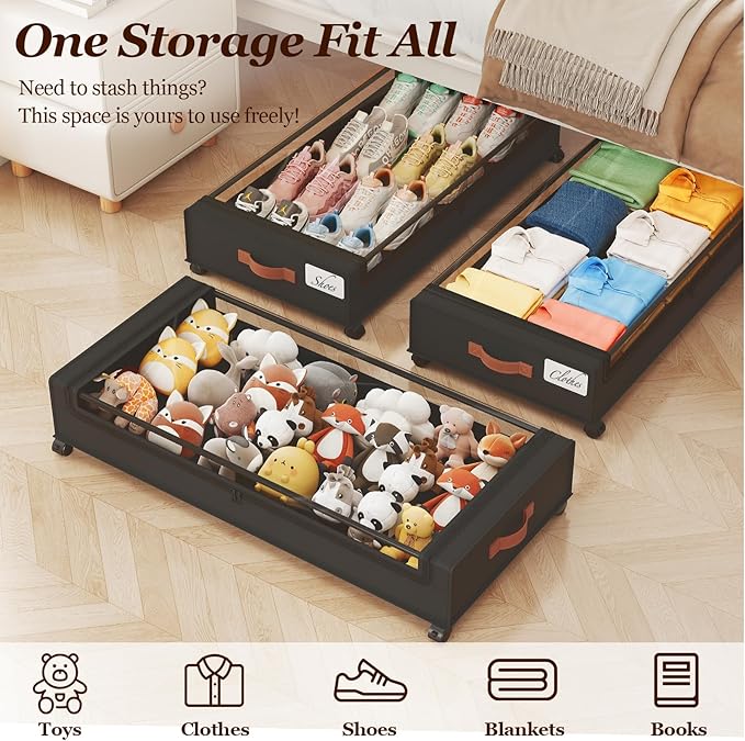 Yecaye 70 L Under Bed Storage with Wheels, 3 Pack Larger Capacity Under Bed Storage Containers, Underbed Shoe Storage Organizer, Rolling Under Bed Metal Drawers for Clothes, Blankets, Black