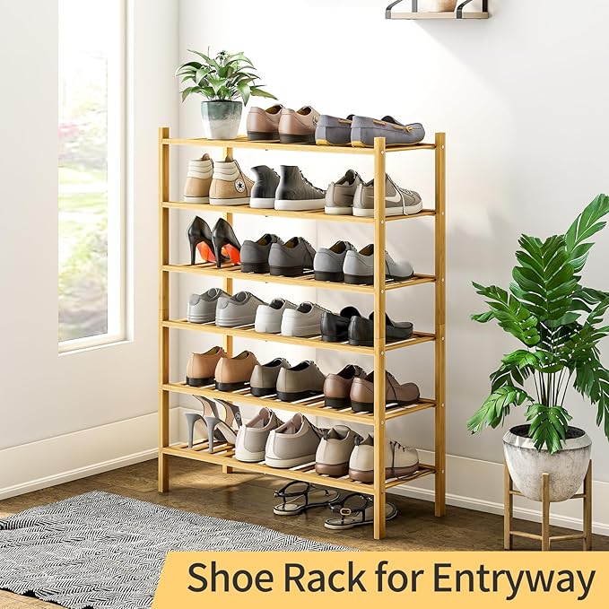 6-Tier Bamboo Shoe Rack for Entryway, Stackable | Heavy Duty | Multi-Function, Free Standing Shoe Racks for Bedroom Hallway Closet