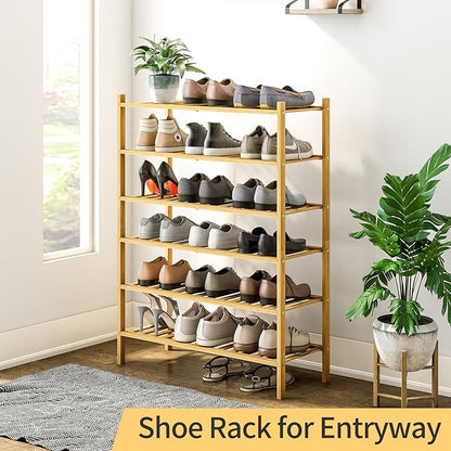 6-Tier Bamboo Shoe Rack for Entryway, Stackable | Heavy Duty | Multi-Function, Free Standing Shoe Racks for Bedroom Hallway Closet