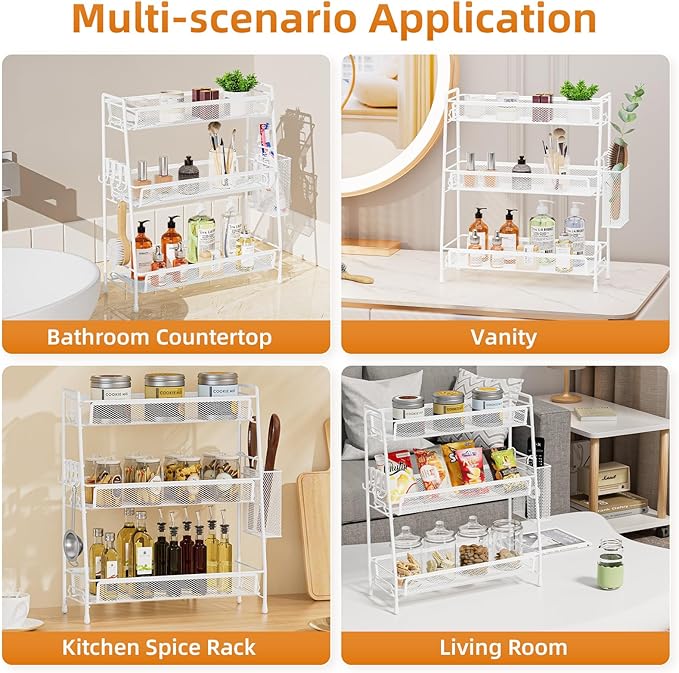 VITVITI 3-Tier Bathroom Organizer Countertop, Metal Wire Mesh Bathroom Counter Organizer Storage with Basket Hooks, Vanity Tray Shelf, Kitchen Spice Rack (White)