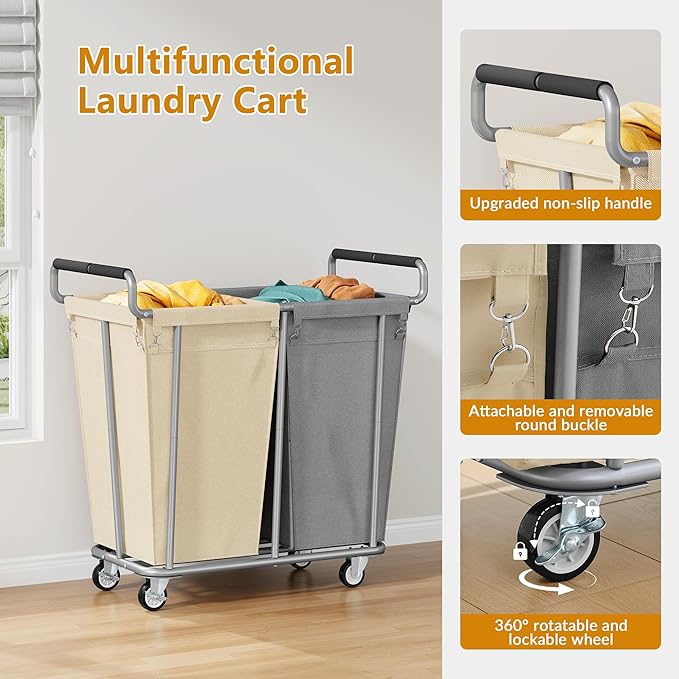 Gewudraw Large laundry hamper with Wheels, 2 Bag 360L Big Rolling Laundry Basket Sorter Cart, Extra Large Laundry Clothes Hamper, Heavy Duty Laundry Basket Organizer for Laundry Room,Bathroom