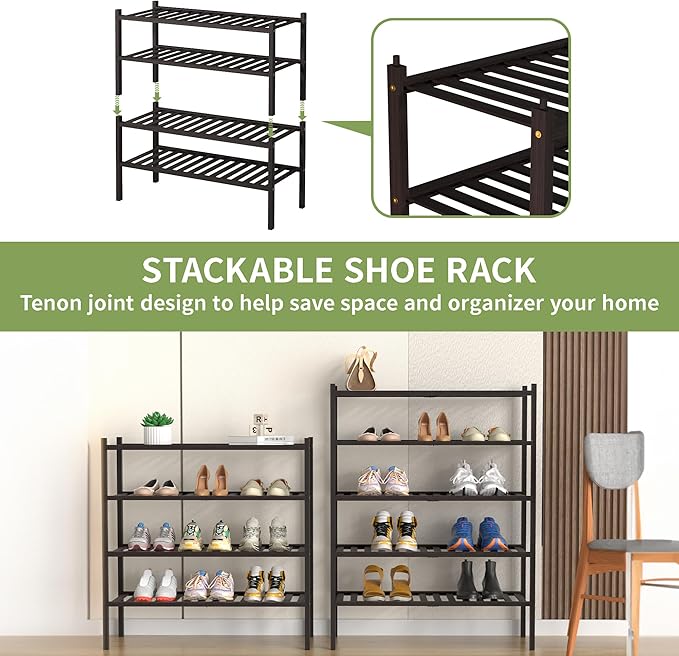 ROMGUAR CRAFT 5 Tier Bamboo Shoe Rack for Closet Free Standing Wood Shoe Shelf for Entryway Small Space Stackable 27"x11"x33" (Brown)