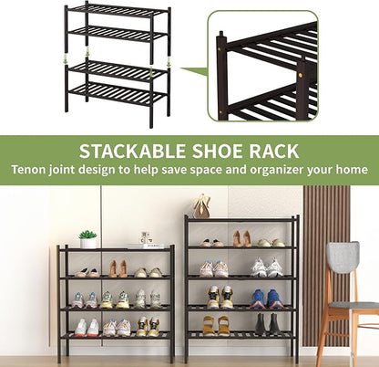 ROMGUAR CRAFT 5 Tier Bamboo Shoe Rack for Closet Free Standing Wood Shoe Shelf for Entryway Small Space Stackable 27"x11"x33" (Brown)