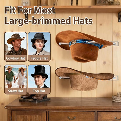 2 Pack Acrylic Cowboy Hat Rack for Wall, 3-Position Adjustment Wall Mount Hat Holder Organizer for Western Cowboy Hats, Fedoras, Sun Hats