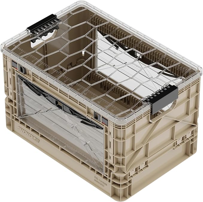 SIDIO Full-Size Collapsible Crate - Heavy Duty Stackable Storage Bin with Lid & 2 Short-Ways Dividers, Durable Plastic Organizer for Home, Office, Garage & Outdoor Use (Tan)