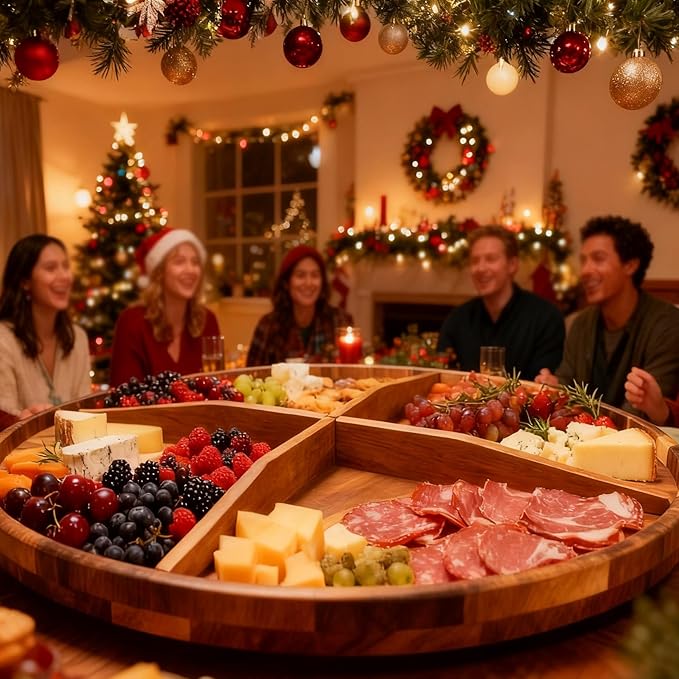 Utoplike Extra Large Acacia Wood Serving Tray, 23.6'' Round Charcuterie Board, Cheese Board with Rotating Base Raised Edge and Removable Dividers for Food, Snacks, Party, Dining