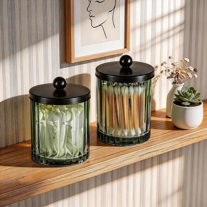 Amolliar Sage Green Glass Apothecary Jar, Qtip Holder Dispenser for Cotton Swabs, Balls, Makeup Pads, Floss Picks, Bathroom Essential Accessories, Countertop Canister Storage Organizer (Black, 2 Pack)