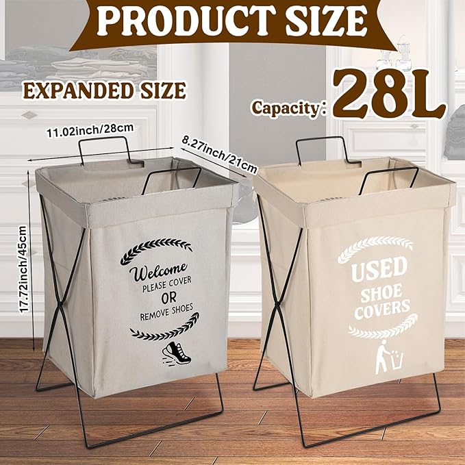 DoubleFill 2 Pcs Shoe Cover Boxes Foldable Storage Baskets for Disposable Shoe Booties, Welcome Please or Remove Sign Socks Storage Bins for Open House Supplies, 20.5 x 11.4 Inches