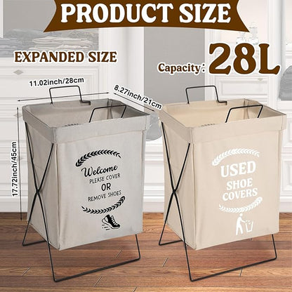DoubleFill 2 Pcs Shoe Cover Boxes Foldable Storage Baskets for Disposable Shoe Booties, Welcome Please or Remove Sign Socks Storage Bins for Open House Supplies, 20.5 x 11.4 Inches