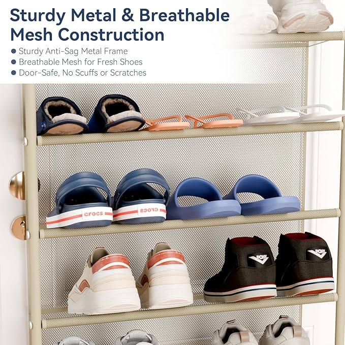 Whitmor 36 Pair Over The Door Shoe Organizer, 12 Tier Hanging Shoe Organizer, Heavy Duty Metal & Mesh Shoe Holder, Hanging Shoe Rack for Closet Organizer & Storage, 74" L x 21.7" W x 7.5" H, Oat