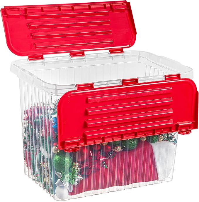 Superio Red Storage Box with Red Hinged Lids, Plastic Container Bins for Organizing with Attached Lid, Stackable Crates, BPA Free, Organizers for Home and Office, 53Quart (20.25"x14"x14.6")