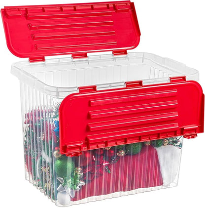 Superio Red Storage Box with Red Hinged Lids, Plastic Container Bins for Organizing with Attached Lid, Stackable Crates, BPA Free, Organizers for Home and Office, 53Quart (20.25"x14"x14.6")