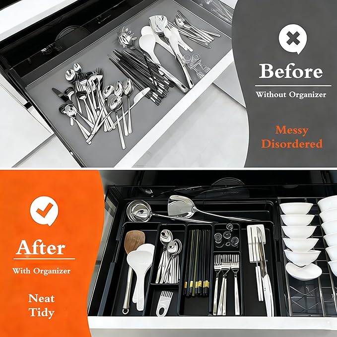 Expandable Silverware Drawer Organizer - BPA Free Flatware and Cutlery Holder, Adjustable Large Plastic Storage Tray for Kitchen Spoons Forks Knives, Black