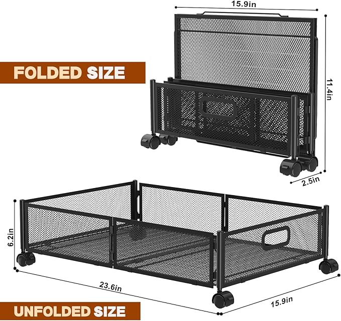 Under Bed Storage Containers,2 Pack Foldable Underbed Storage Containers with Handles and Wheels,Folding Bed Shoes Clothes Organizer,Easy Assembly Underbed Storage for Toy ,Bedding,Bedroom(Black)