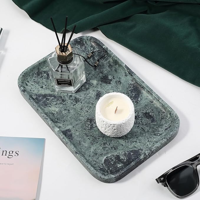 Koville Marble Tray, 12"x8" Marble Vanity Tray for Countertop Bathroom Kitchen Dresser, Decorative Catchall Trays for Perfume Jewelry, Rectangular Stone Serving Tray(Green)