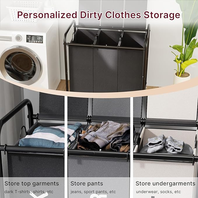 180L Laundry Sorter 3 Section – Heavy Duty Rolling Laundry Basket with Lockable Wheels and Lid, 3 Large Separate Removable Bags, Laundry Hamper Cart for Laundry Room Organizer