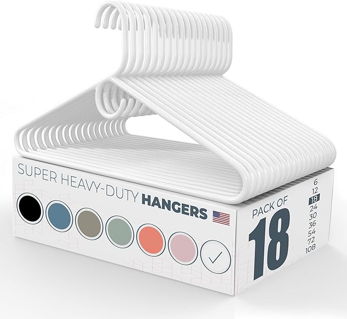 Super Heavy Duty Clothes Hangers 18 Pack – Made in the USA - 10lb Capacity, Thick Plastic Hangers for Pants, Coats, Jackets, Jeans and Adult Clothing – White
