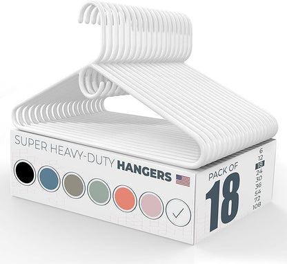 Super Heavy Duty Clothes Hangers 18 Pack – Made in the USA - 10lb Capacity, Thick Plastic Hangers for Pants, Coats, Jackets, Jeans and Adult Clothing – White