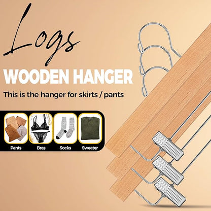 Quality Hangers Wooden Pants Hangers - Multi-Pack Swivel Hook Cloth Hanger Set - Lotus Wood Skirt, Pant, Shorts and Slack Hangers with Adjustable Clip – Clothing Hanger Set (Natural, 120)
