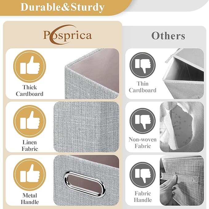Posprica Closet Organizers and Storage, 4 Pack Large Linen Storage Bins, Decorative Shelf Storage Baskets for Organizing, Foldable Fabric Storage Box for Clothes, Toy, 15x10.5x8.25 Inch(Grey)
