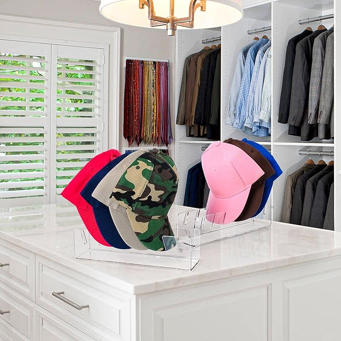 Hat Organizer 2 Pcs Hat Stand for Baseball Caps No Install Baseball Cap Holder Acrylic Hat Organizer for Baseball Caps for 14 Baseball Caps Hat Rack for Bedroom Closet Dresser (Clear)