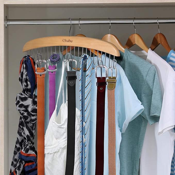 Belt Hanger Organizer for Closet: Ohuhu 12 Hooks Max 36 Belts Tie Rack Wooden Belt Holder for Storage 360 Degree Rotating Space Saver Organizer for Men Women Belt Tie Scarf Accessories-Burlywood