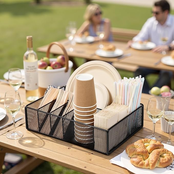 Utensil Caddy for Party - Paper Plate Holder ,Silverware Caddy Utensil Holder Paper plate Organizer with 6 Compartments for Party, Camping, Picnic