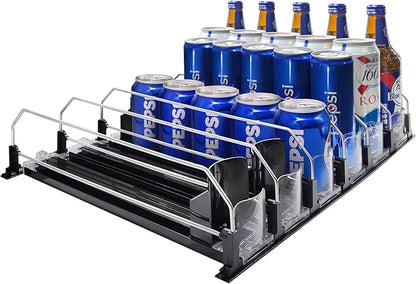 Drink Organizer for Fridge, Automatic Pusher Glide Soda Can Dispenser for Refrigerator, Width Adjustable Fridge Can Organizer for Fridge, Pantry, Kitchen, Vending Machine- Black, 6 Rows, 15.1"D