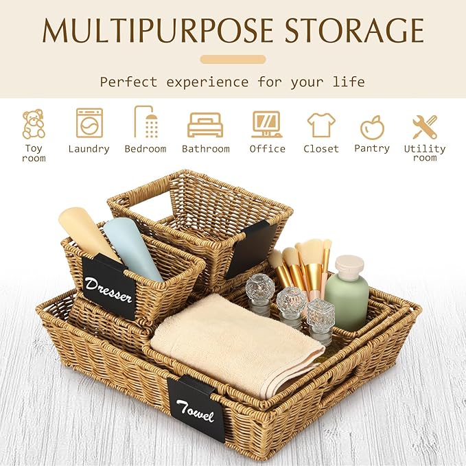 Marsui 9 Pcs Wicker Storage Baskets for Pantry Organization with Handle Labels Handwoven Multi-size Brown Small Organizer Baskets Storage Bins Container for Shelves Closet Toilet Christmas Holiday