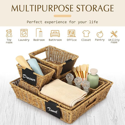 Marsui 9 Pcs Wicker Storage Baskets for Pantry Organization with Handle Labels Handwoven Multi-size Brown Small Organizer Baskets Storage Bins Container for Shelves Closet Toilet Christmas Holiday