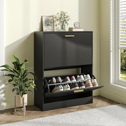 JOZZBY Shoe Cabinet Storage for Entryway, Freestanding Narrow Slim Shoe Organizer Cabinet with 2 Flip Drawers, Wooden Shoe Rack for Hallway, Living Room, Black1