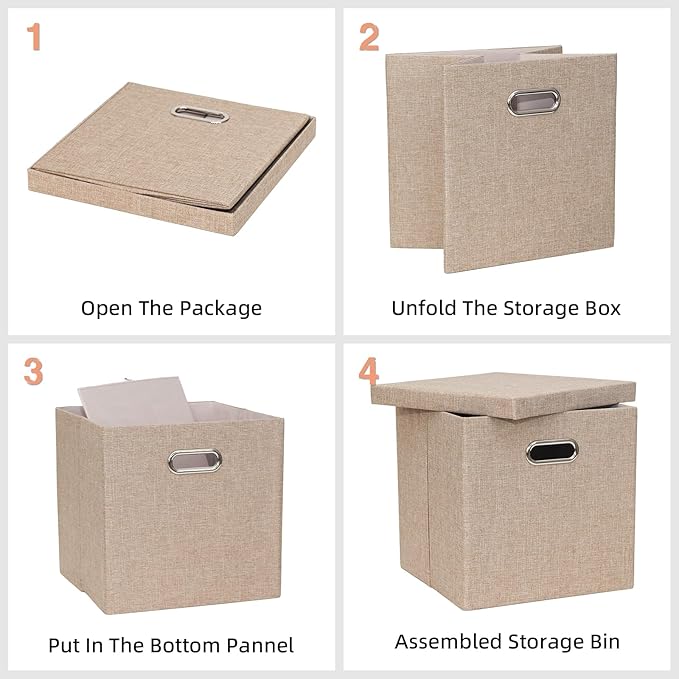Storage Bins with Lids, Collapsible Linen Fabric Boxes Organizer Containers with Lid Foldable Storage Box Basket for Closet, Shelves, Home, Office, 11 x 11 x 11.4 Inch, 4 Pack, Khaki