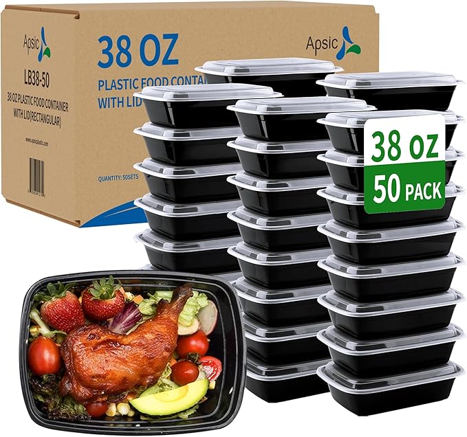 38oz Heavy Duty Meal Prep Containers with Lids, APSIC 50 Sets 1-Compartment Disposable Plastic To Go Containers, BPA Free Microwave Safe Take Out Food Storage Box for Lunch Leftover Freezer Dishwasher