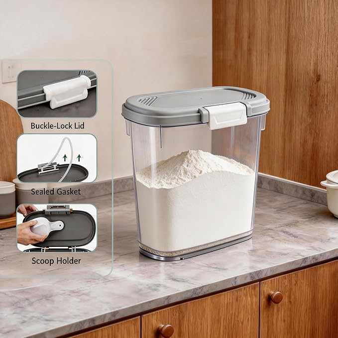 Gray White Rice Storage Container 15-20 Lbs, Tall Flour Container with Scoop + Cup - Slim Dry Food Storage Bin for Cereal, Sugar, Beans, Pet, Dog, Cat Food - Kitchen and Pantry Storage Organization