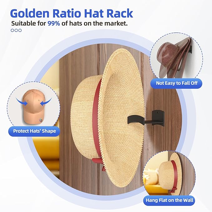 Cowboy Hat Rack(12Pack) - Wide Brimmed Organizer - Strong Adhesive Cowboy Holder - 2.2Inch Hooks for Walls - 2 Mounting Option Holder - Hangers for Doors and Closets - Black