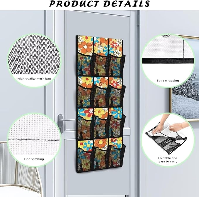 Large Capacity 12-Section Door Hanging Storage Bag, Oxford Fabric Waterproof Scratch-Resistant and for Home Organization, Groovy Hippie Flowers