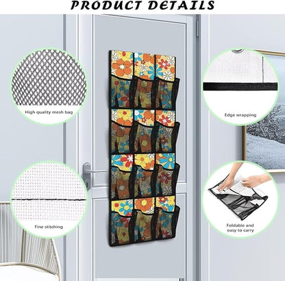 Large Capacity 12-Section Door Hanging Storage Bag, Oxford Fabric Waterproof Scratch-Resistant and for Home Organization, Groovy Hippie Flowers