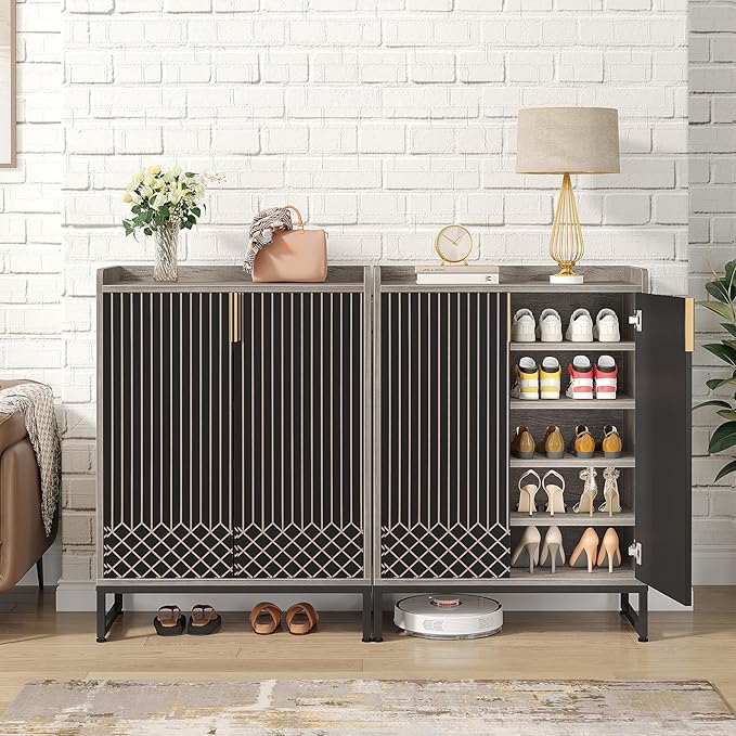LITTLE TREE Shoe Cabinet for Entryway, 5-Tier Shoe Cabinet with Doors, Modern Shoe Storage Cabinet, Gray Wooden Shoe Cabinets with Black Metal Legs for Living Room, Bedroom