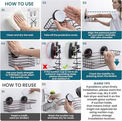 TAILI Shower Caddy Suction Cup with Hooks & Soap Holder, Heavy Duty Bathroom Shower Organizer, No Drilling Shelves for Inside Bathroom, Brown Metal Storage Holder