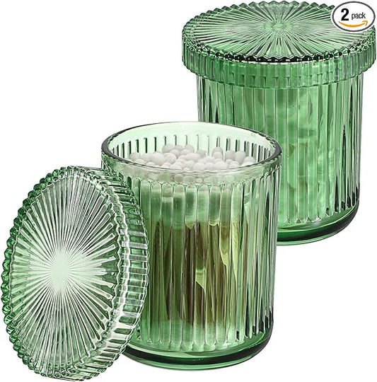 Hipiwe 2 Pcs Qtip Holders Bathroom Dispenser Glass Apothecary Jars with Lids Cotton Swab Holder Bathroom Canisters for Cotton Swabs Balls Round Pad, Vanity Organizer and Storage Decor, Green