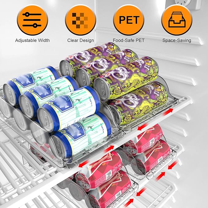 Soda Can Organizer for Refrigerator, Set of 4 Stackable Drink Organizer for Fridge, Freezer, Kitchen, Countertop, Soda Can Dispenser Beverage Holder, Clear Design
