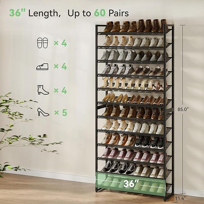 Nunsino Shoe Rack,12 Tier Metal Shoe Organizer,Max Holds 60 Pairs,Heavy Duty Shoes Shelf for Garage, Entryway, Closet,Black
