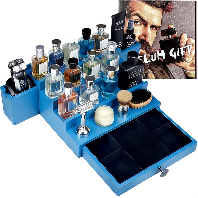 Wooden Cologne Organizer for Men 4 Tier | Capri Ocean Blue Limited Perfume Holder Shelf for Dresser | High Grade Velvet Lining and Stylish Gift Box | Uncluttered Design Perfume Display Stand